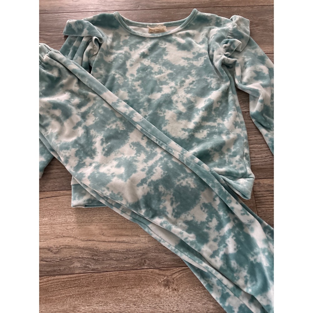 Btween Girls Teal Tie Dye Velour Ruffle Lounge Set Size 8 Long Sleeve Joggers
